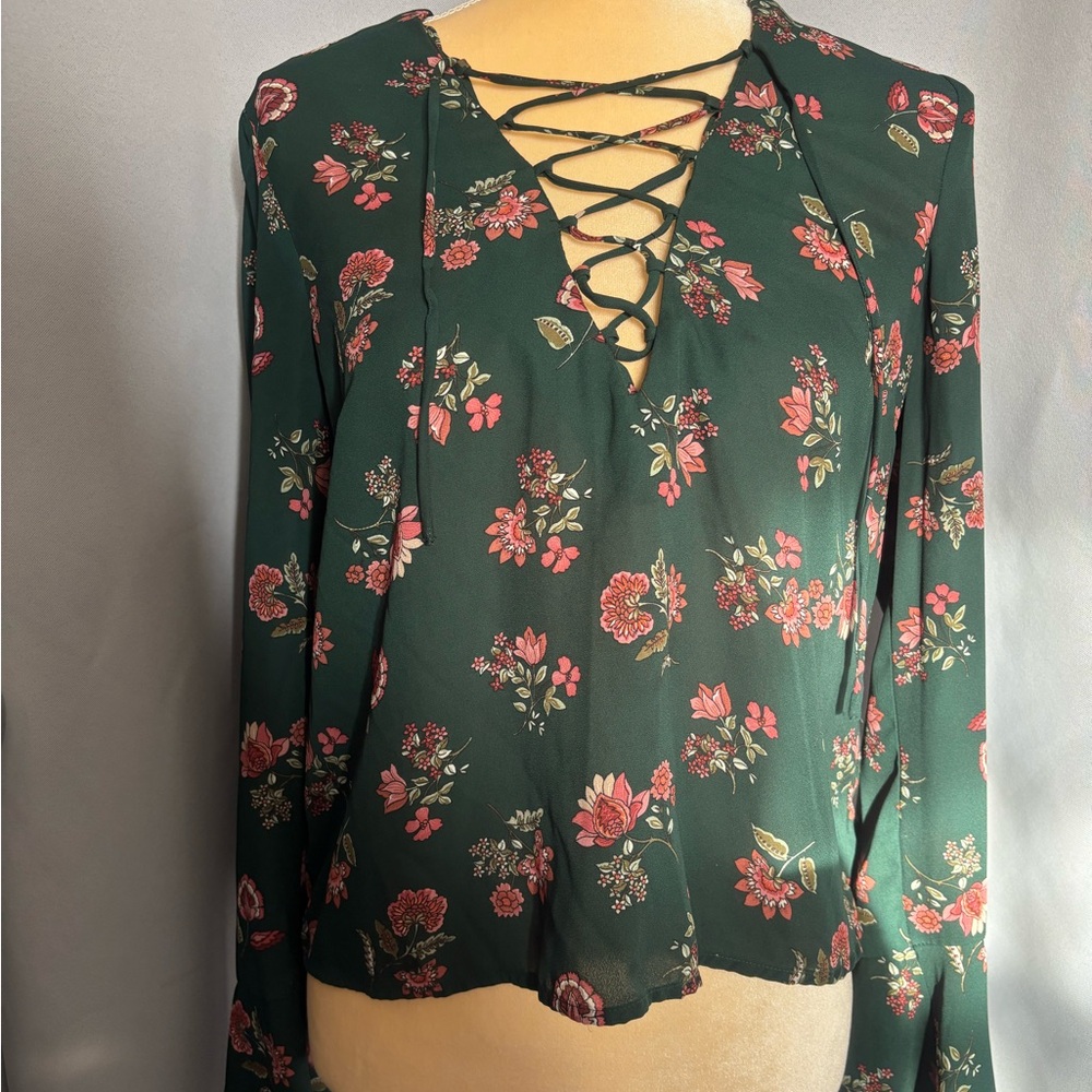 Forever 21 Floral Lace-Up Blouse - Green and Pink